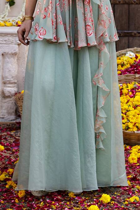 Buy_Chhavvi Aggarwal_Green Organza, Crepe, Georgette Floral Motifs, Sequin Print Kurta Palazzo Set_Online_at_Aza_Fashions