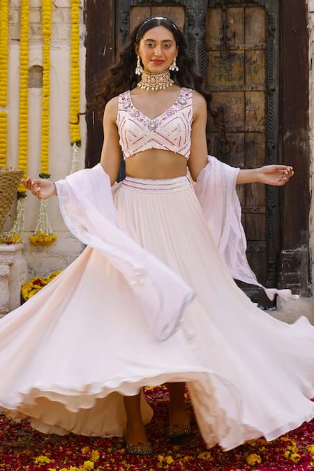 Buy_Chhavvi Aggarwal_Peach Georgette Sequin Work, Dabka V Neck Embroidered Bridal Lehenga Set_Online_at_Aza_Fashions