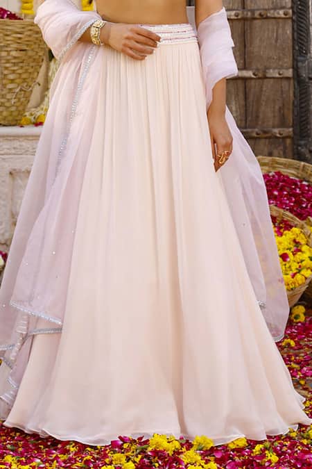 Chhavvi Aggarwal_Peach Georgette Sequin Work, Dabka V Neck Embroidered Bridal Lehenga Set_at_Aza_Fashions