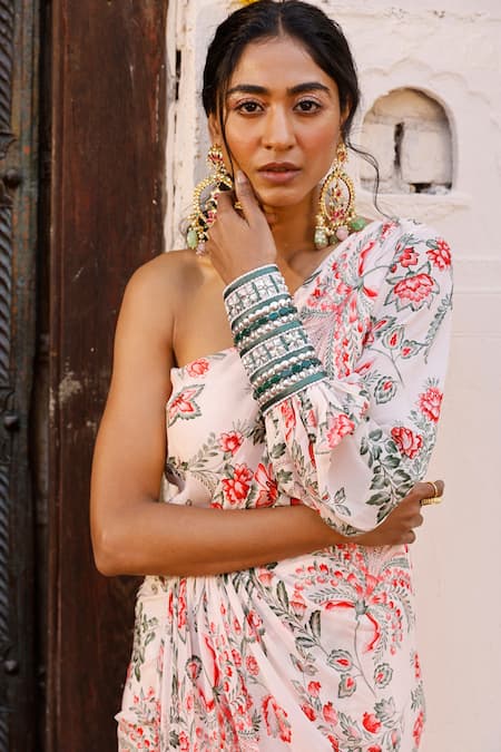 Chhavvi Aggarwal Peach Crepe Floral Motifs, Sequin Work, Beads One Shoulder Printed Draped Dress Online at Aza Fashions Chhavvi Aggarwal_Peach Crepe Floral Motifs, Sequin Work, Beads One Shoulder Printed Draped Dress_Online_at_Aza_Fashions