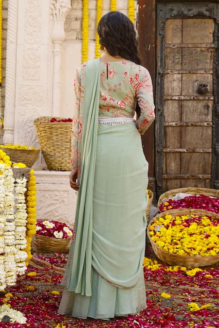 Shop_Chhavvi Aggarwal_Green Organza, Crepe, Georgette Floral Motifs, Pre-draped Palazzo Saree Set _at_Aza_Fashions