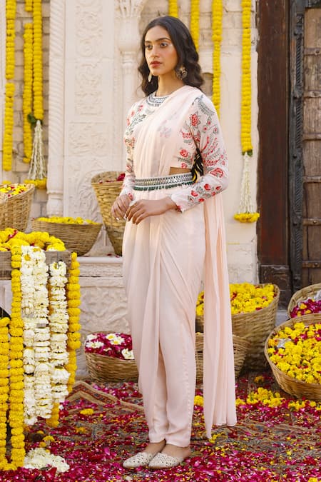 Chhavvi Aggarwal_Peach Crepe, Georgette Floral Motifs, Sequin Pre-draped Printed Pant Saree Set_Online_at_Aza_Fashions