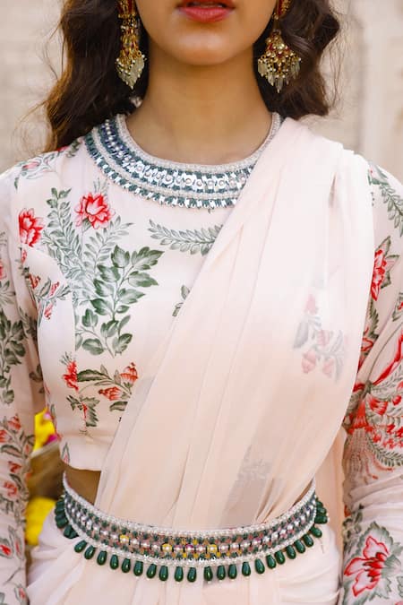 Shop_Chhavvi Aggarwal_Peach Crepe, Georgette Floral Motifs, Sequin Pre-draped Printed Pant Saree Set_Online_at_Aza_Fashions