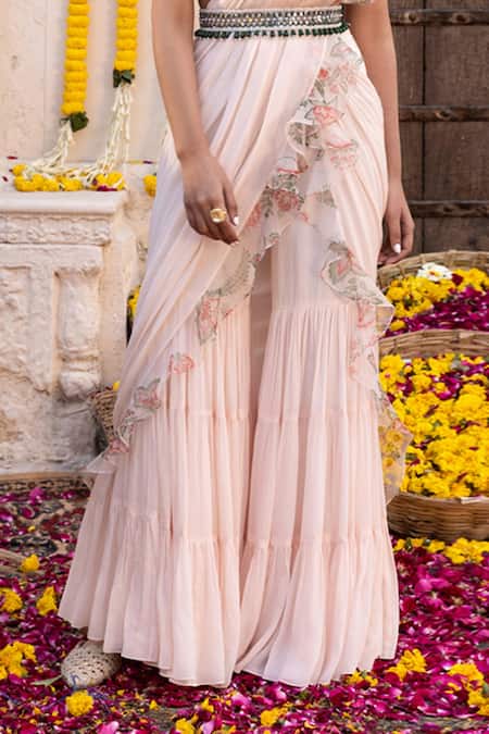 Shop Chhavvi Aggarwal Peach Georgette Floral Motifs, Sequin Work, Dabka Pre-draped Sharara Saree Set Online at Aza Fashions Shop_Chhavvi Aggarwal_Peach Georgette Floral Motifs, Sequin Work, Dabka Pre-draped Sharara Saree Set _Online_at_Aza_Fashions