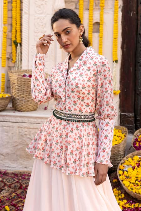 Chhavvi Aggarwal_Peach Crepe, Georgette Floral Motifs, Sequin Work, Printed Jacket And Lehenga Set_Online_at_Aza_Fashions