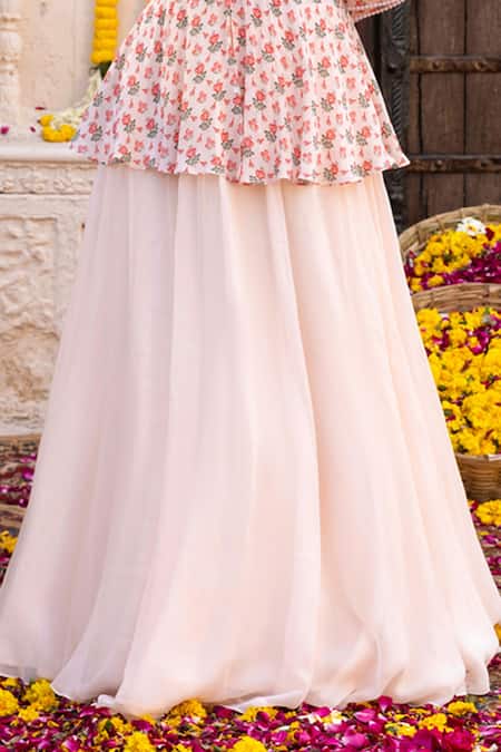 Shop_Chhavvi Aggarwal_Peach Crepe, Georgette Floral Motifs, Sequin Work, Printed Jacket And Lehenga Set_Online_at_Aza_Fashions