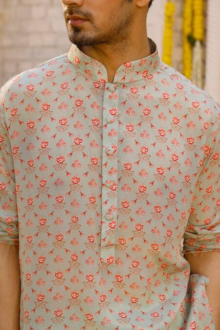 Shop Chhavvi Aggarwal Green Crepe And Glaze Cotton Floral Print Kurta & Pant Set Online at Aza Fashions Shop_Chhavvi Aggarwal_Green Crepe And Glaze Cotton Floral Print Kurta & Pant Set _Online_at_Aza_Fashions