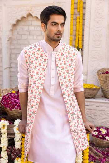 Buy_Chhavvi Aggarwal_Peach Crepe, Chanderi And Glaze Floral Print Jacket & Kurta Set _Online_at_Aza_Fashions