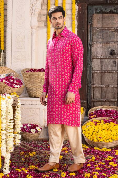 Chhavvi Aggarwal_Pink Crepe And Glaze Cotton Floral Print Kurta & Salwar Set _Online_at_Aza_Fashions