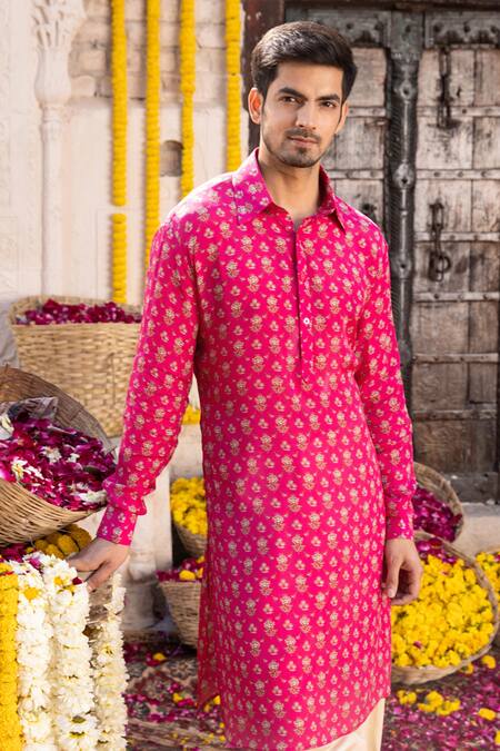 Blush Pink Crepe Floral Printed Pants Design by Jubinav Chadha Men