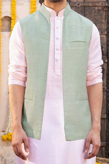 Chhavvi Aggarwal Peach Matka Silk, Chanderi And Glaze Band Collar Jacket & Kurta Set Online at Aza Fashions Chhavvi Aggarwal_Peach Matka Silk, Chanderi And Glaze Band Collar Jacket & Kurta Set _Online_at_Aza_Fashions