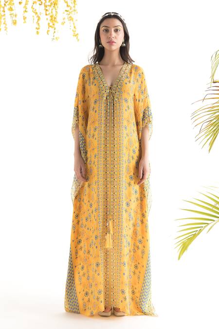 Chhavvi Aggarwal_Yellow Crepe Tribal Print V Neck Kaftan_Online_at_Aza_Fashions