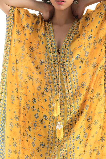 Chhavvi Aggarwal_Yellow Crepe Tribal Print V Neck Kaftan_at_Aza_Fashions