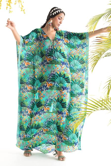 Chhavvi Aggarwal_Blue Crepe Jungle Print V Neck Kaftan_Online_at_Aza_Fashions
