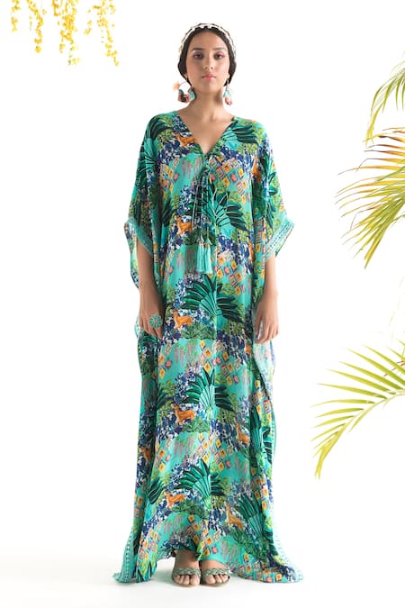 Buy_Chhavvi Aggarwal_Blue Crepe Jungle Print V Neck Kaftan_Online_at_Aza_Fashions