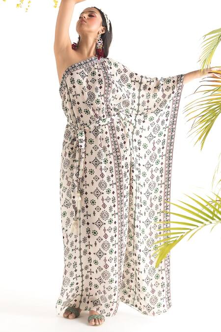 Chhavvi Aggarwal_White Crepe Tribal Print One Shoulder Kaftan With Belt_Online_at_Aza_Fashions