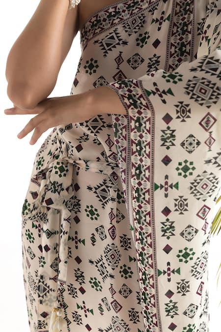 Buy_Chhavvi Aggarwal_White Crepe Tribal Print One Shoulder Kaftan With Belt_Online_at_Aza_Fashions