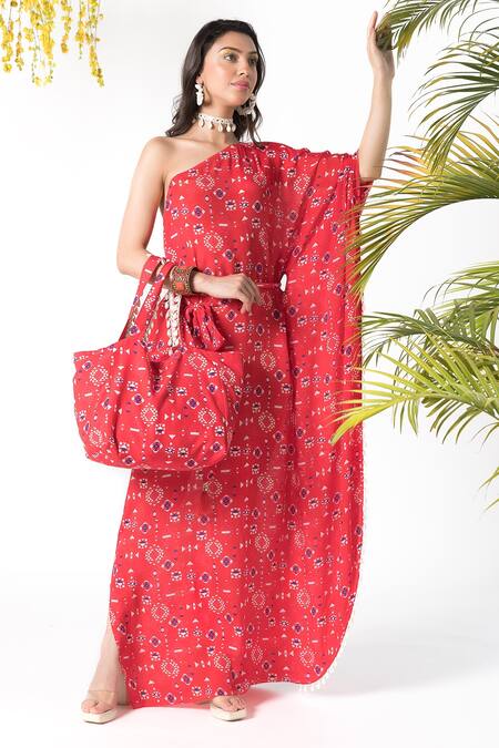 Chhavvi Aggarwal_Red Crepe Tribal Print One Shoulder Kaftan With Belt_Online_at_Aza_Fashions