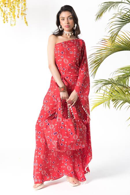 Buy_Chhavvi Aggarwal_Red Crepe Tribal Print One Shoulder Kaftan With Belt_Online_at_Aza_Fashions