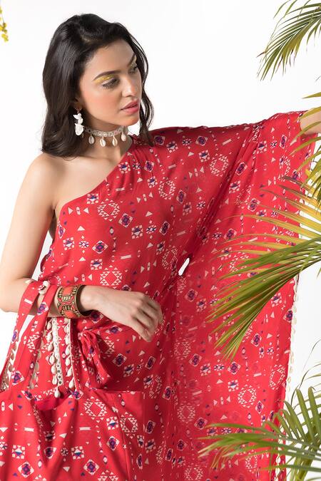 Shop_Chhavvi Aggarwal_Red Crepe Tribal Print One Shoulder Kaftan With Belt_Online_at_Aza_Fashions
