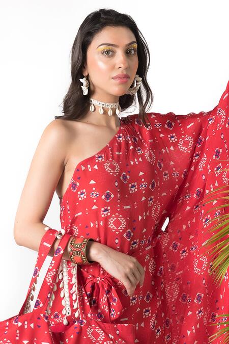 Chhavvi Aggarwal_Red Crepe Tribal Print One Shoulder Kaftan With Belt_at_Aza_Fashions