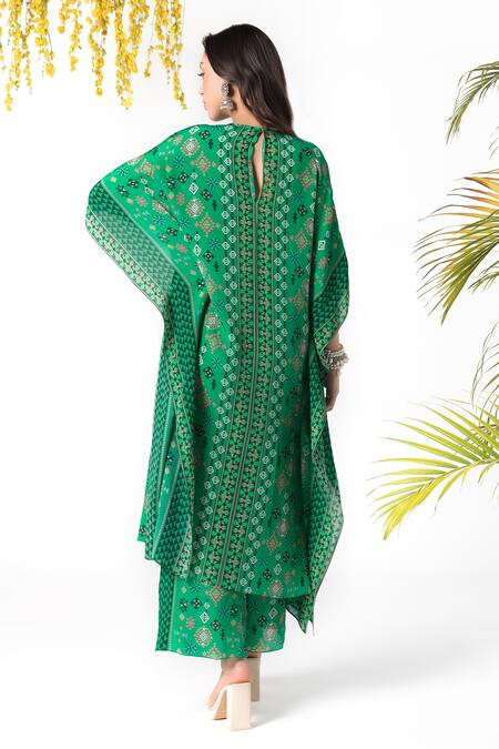 Shop_Chhavvi Aggarwal_Green Crepe Geometric Print High Neck Kaftan And Palazzo Set _at_Aza_Fashions