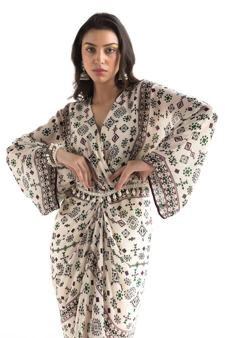 Chhavvi Aggarwal_White Crepe Geometric Print V Neck Kaftan Dress_Online_at_Aza_Fashions