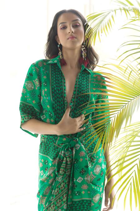 Buy_Chhavvi Aggarwal_Green Crepe Geometric Print Straight Collar Draped Shirt Dress_Online_at_Aza_Fashions