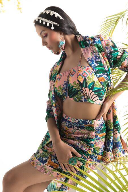 Shop_Chhavvi Aggarwal_Green Crepe Jungle Print Lapel Collar Jacket Skirt Set_Online_at_Aza_Fashions