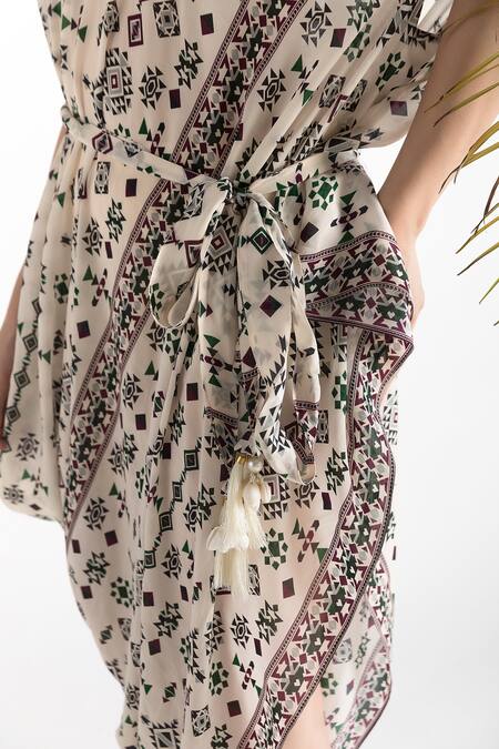 Chhavvi Aggarwal_White Crepe Geometric Print One Shoulder Cowl Dress With Belt_at_Aza_Fashions