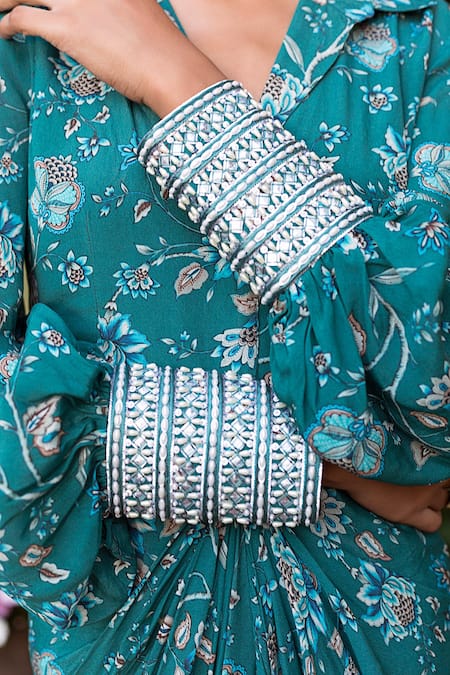 Buy Chhavvi Aggarwal Green Crepe Flat Collar Floral Print Draped Dress Online at Aza Fashions Buy_Chhavvi Aggarwal_Green Crepe Flat Collar Floral Print Draped Dress _Online_at_Aza_Fashions