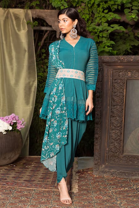 Chhavvi Aggarwal Green Crepe V Neck Cotton Silk Tunic Dhoti Pant Set
