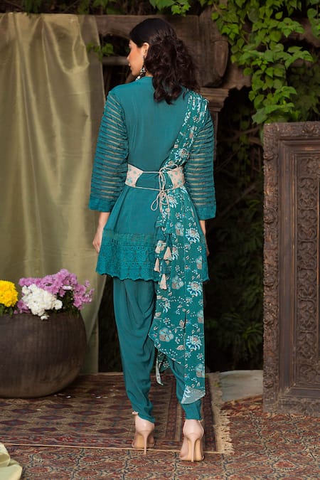 Shop Chhavvi Aggarwal Green Organza, Crepe, Cotton Silk V Neck Tunic Dhoti Pant Set at Aza Fashions Shop_Chhavvi Aggarwal_Green Organza, Crepe, Cotton Silk V Neck Tunic Dhoti Pant Set _at_Aza_Fashions