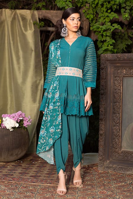 Chhavvi Aggarwal Green Organza, Crepe, Cotton Silk V Neck Tunic Dhoti Pant Set Online at Aza Fashions Chhavvi Aggarwal_Green Organza, Crepe, Cotton Silk V Neck Tunic Dhoti Pant Set _Online_at_Aza_Fashions