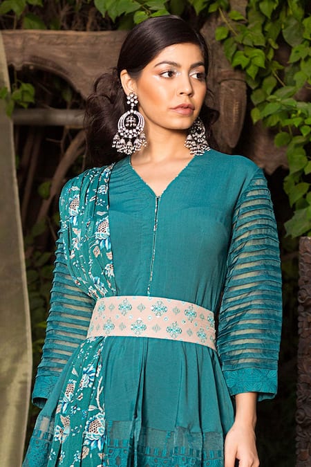 Buy Chhavvi Aggarwal Green Organza, Crepe, Cotton Silk V Neck Tunic Dhoti Pant Set Online at Aza Fashions Buy_Chhavvi Aggarwal_Green Organza, Crepe, Cotton Silk V Neck Tunic Dhoti Pant Set _Online_at_Aza_Fashions