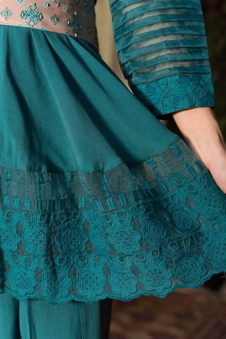 Shop Chhavvi Aggarwal Green Organza, Crepe, Cotton Silk V Neck Tunic Dhoti Pant Set Online at Aza Fashions Shop_Chhavvi Aggarwal_Green Organza, Crepe, Cotton Silk V Neck Tunic Dhoti Pant Set _Online_at_Aza_Fashions