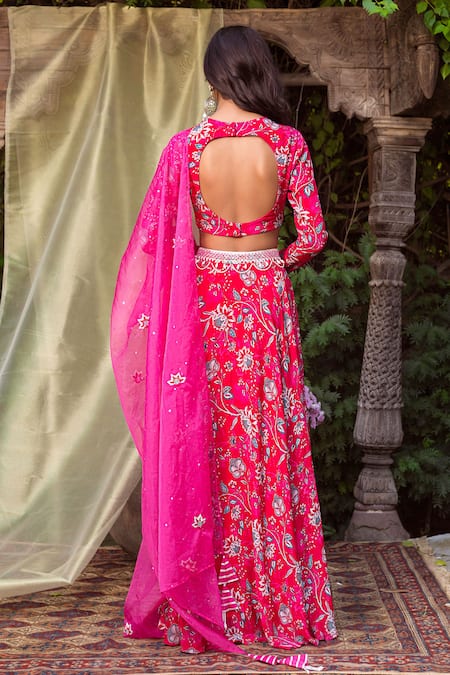Shop Chhavvi Aggarwal Red Crepe Round Floral Print Lehenga Set at Aza Fashions Shop_Chhavvi Aggarwal_Red Crepe Round Floral Print Lehenga Set _at_Aza_Fashions