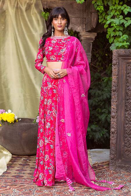 Buy Chhavvi Aggarwal Red Crepe Round Floral Print Lehenga Set Online at Aza Fashions Buy_Chhavvi Aggarwal_Red Crepe Round Floral Print Lehenga Set _Online_at_Aza_Fashions