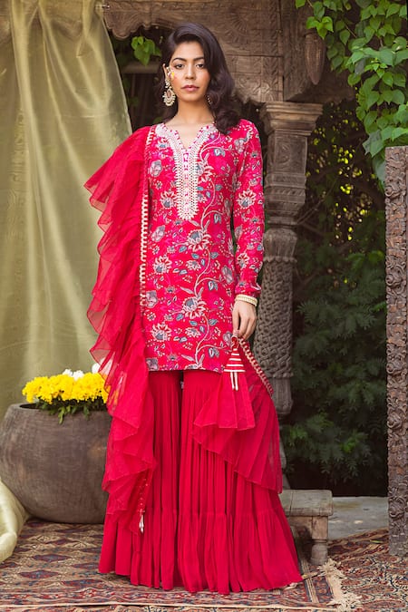 Chhavvi Aggarwal Red Organza, Crepe, Georgette Notched Round Neck Printed Kurta Sharara Set 