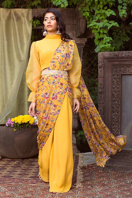 Chhavvi Aggarwal Yellow Organza, Crepe High Neck Printed Pant Saree With Blouse Online at Aza Fashions Chhavvi Aggarwal_Yellow Organza, Crepe High Neck Printed Pant Saree With Blouse _Online_at_Aza_Fashions