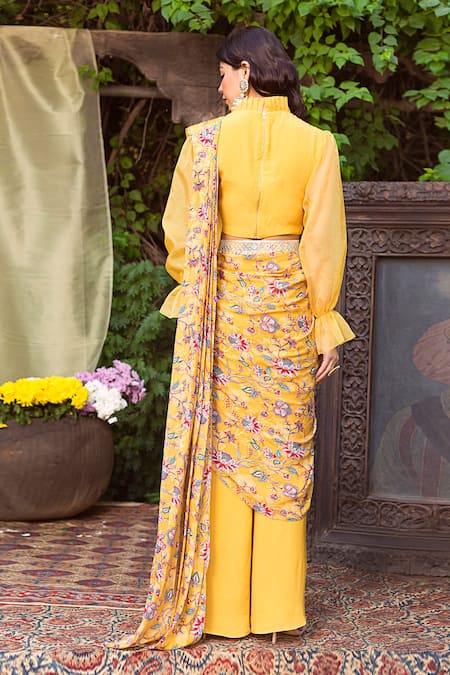 Shop Chhavvi Aggarwal Yellow Organza, Crepe High Neck Printed Pant Saree With Blouse at Aza Fashions Shop_Chhavvi Aggarwal_Yellow Organza, Crepe High Neck Printed Pant Saree With Blouse _at_Aza_Fashions