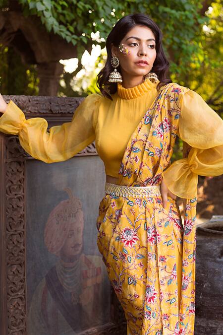 Shop Chhavvi Aggarwal Yellow Organza, Crepe High Neck Printed Pant Saree With Blouse Online at Aza Fashions Shop_Chhavvi Aggarwal_Yellow Organza, Crepe High Neck Printed Pant Saree With Blouse _Online_at_Aza_Fashions