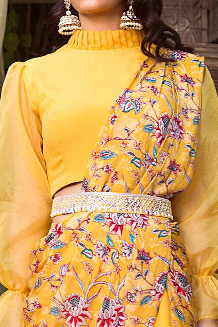 Chhavvi Aggarwal Yellow Organza, Crepe High Neck Printed Pant Saree With Blouse at Aza Fashions Chhavvi Aggarwal_Yellow Organza, Crepe High Neck Printed Pant Saree With Blouse _at_Aza_Fashions