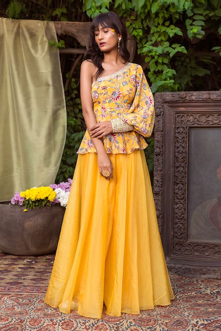 Chhavvi Aggarwal Yellow Organza, Crepe One Shoulder Printed Top And Gharara Set Online at Aza Fashions Chhavvi Aggarwal_Yellow Organza, Crepe One Shoulder Printed Top And Gharara Set _Online_at_Aza_Fashions