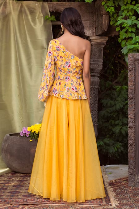 Shop Chhavvi Aggarwal Yellow Organza, Crepe One Shoulder Printed Top And Gharara Set at Aza Fashions Shop_Chhavvi Aggarwal_Yellow Organza, Crepe One Shoulder Printed Top And Gharara Set _at_Aza_Fashions