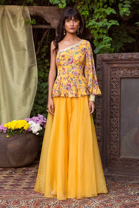 Buy Chhavvi Aggarwal Yellow Organza, Crepe One Shoulder Printed Top And Gharara Set Online at Aza Fashions Buy_Chhavvi Aggarwal_Yellow Organza, Crepe One Shoulder Printed Top And Gharara Set _Online_at_Aza_Fashions