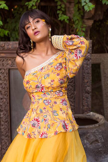 Chhavvi Aggarwal Yellow Organza, Crepe One Shoulder Printed Top And Gharara Set at Aza Fashions Chhavvi Aggarwal_Yellow Organza, Crepe One Shoulder Printed Top And Gharara Set _at_Aza_Fashions