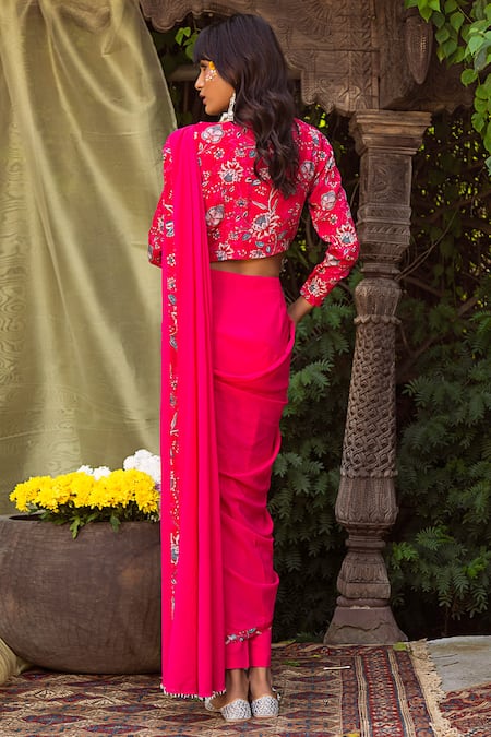 Shop Chhavvi Aggarwal Pink Crepe, Georgette Round Pant Saree With Blouse at Aza Fashions Shop_Chhavvi Aggarwal_Pink Crepe, Georgette Round Pant Saree With Blouse _at_Aza_Fashions