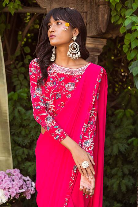 Shop Chhavvi Aggarwal Pink Crepe, Georgette Round Pant Saree With Blouse Online at Aza Fashions Shop_Chhavvi Aggarwal_Pink Crepe, Georgette Round Pant Saree With Blouse _Online_at_Aza_Fashions