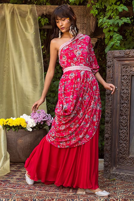 Chhavvi Aggarwal Red Crepe, Georgette One Shoulder Printed Tunic With Flared Pant 